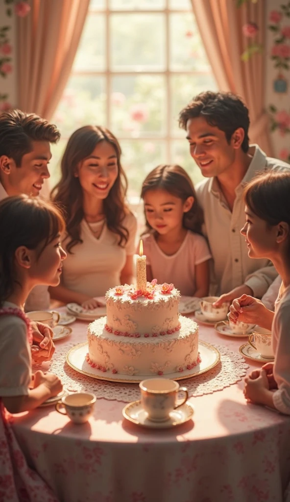 The family gathers around the table, a symbol of unity and sharing.
The mother, at the center of the scene, is the focus of the celebration.
Her husband and children surround her, showing their love and affection.
The carefully set table and fresh flowers create a festive and welcoming atmosphere.
The sunlight that bathes the faces of those present conveys a feeling of warmth and joy.
The smiles and laughter reveal the family's genuine happiness on this special day.
An Unforgettable Mother's Day
Around the carefully set table, the family gathers to celebrate Mother's Day. In the center, the matriarch radiates happiness, surrounded by her children and loving husband. A vase of fresh flowers decorates the table, while sunlight bathes the faces of those present, creating a golden glow that accompanies their smiles and laughter. The atmosphere is welcoming and overflowing with love, capturing the essence of family togetherness on this special day.