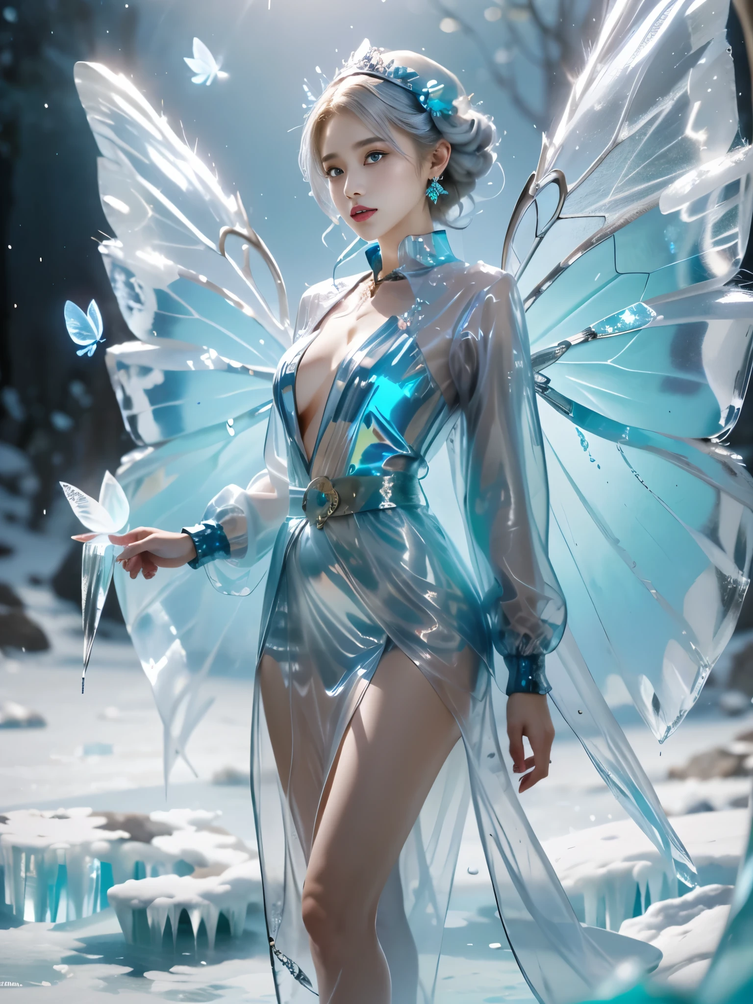 Masterpiece,( drops:1.3), very high resolution ,Original image, Sensitive skin , Beautiful lights ,( Practical , photo- Practical :1.4),water dress,
1 girl , Spread your legs,Crack, (Japanese Girl, Age 19, Height 165, Proportion 9:1 chest32 waist20 hip33 white skin, silver hair) ,(wearing a translucent latex dress),เทพธิดาแห่ง ice,Frozen liquid, ice,air bubble, Blue Butterfly ,blue eyes,Blue nails,Dynamic Gesture,bubble,Blue butterfly wings, butterfly wings,crystal,Dress,Luminous Butterflies ,Groove between legs,target,, Spread your legs,( Hair pin,Transparent Latex jacket with a flower crown on her head,earrings, hair clip,Metal Collar,thigh bands,Metal high-heels,, the transparent latex belt tightened the waist so tight that the waist was concave 5 inches. She had an uncomfortable posture, breathless because the belt was too tight. ),(The beauty of nature , สวนดอกไม้หลายสี หนาว หิมะตกจนขาวโพลน ทะเลสาบ ice ตอนเย็น ภูเขา ท้องฟ้า เมฆสีขาว ดวงอาทิตย์ตกดิน )