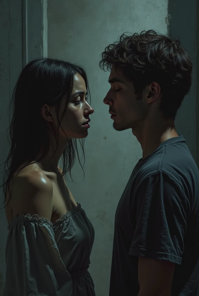 man and woman embracing in a room with an expression of passion in a dark environment