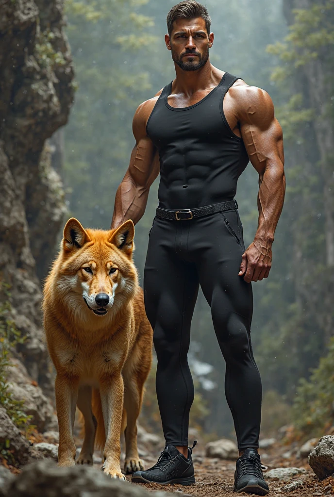 anthro, black and white wolf, (realistic fur, fur, realistic fur texture:1), three-quarter portrait, standing, adult, male, solo, muscular, veiny muscles, topless, pants, tail, detailed background, snowy mountain background, photorealistic, hyper realistic, ultra detailed,