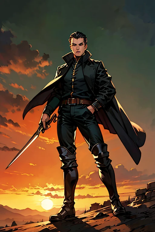 A young man with deep blue long hair, cold and resolute eyes, a slender face, handsome features, stands tall in front of a decrepit ancient city under the night sky, exudes a dignified demeanor, he wears a two-piece Western-Eastern hybrid black suit coat, matching black trousers, in each hand he holds a curved longsword emitting a faint, hazy blue glow that illuminates the surroundings, this character embodies a finely crafted fantasy-style swordsman design in anime style, characterized by a sophisticated and mature manga illustration art style, full body character drawing, high definition, best quality, highres, ultra-detailed, ultra-fine painting, extremely delicate, professional, anatomically correct, symmetrical face, extremely detailed eyes and face, high quality eyes, creativity, RAW photo, UHD, 8k, Natural light, cinematic lighting, masterpiece:1.5