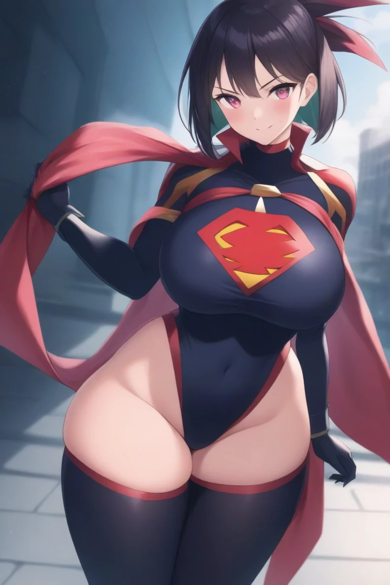 city, fog, (huge boobs), (huge hips), darkness woman black hair, black red hoodie mini dress, pantyhose, hood, gloves, fog, boom, ( lightning background), (((two arms crossed hoodie))),