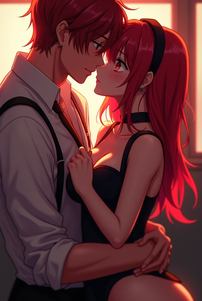1girl,and 1boy red hair, flaming eye, and boy friend, Holding on Each other , wallpaper, school wall and Her and he clothes were ripped and you could see her ass and bobs the guy kiss her blushing