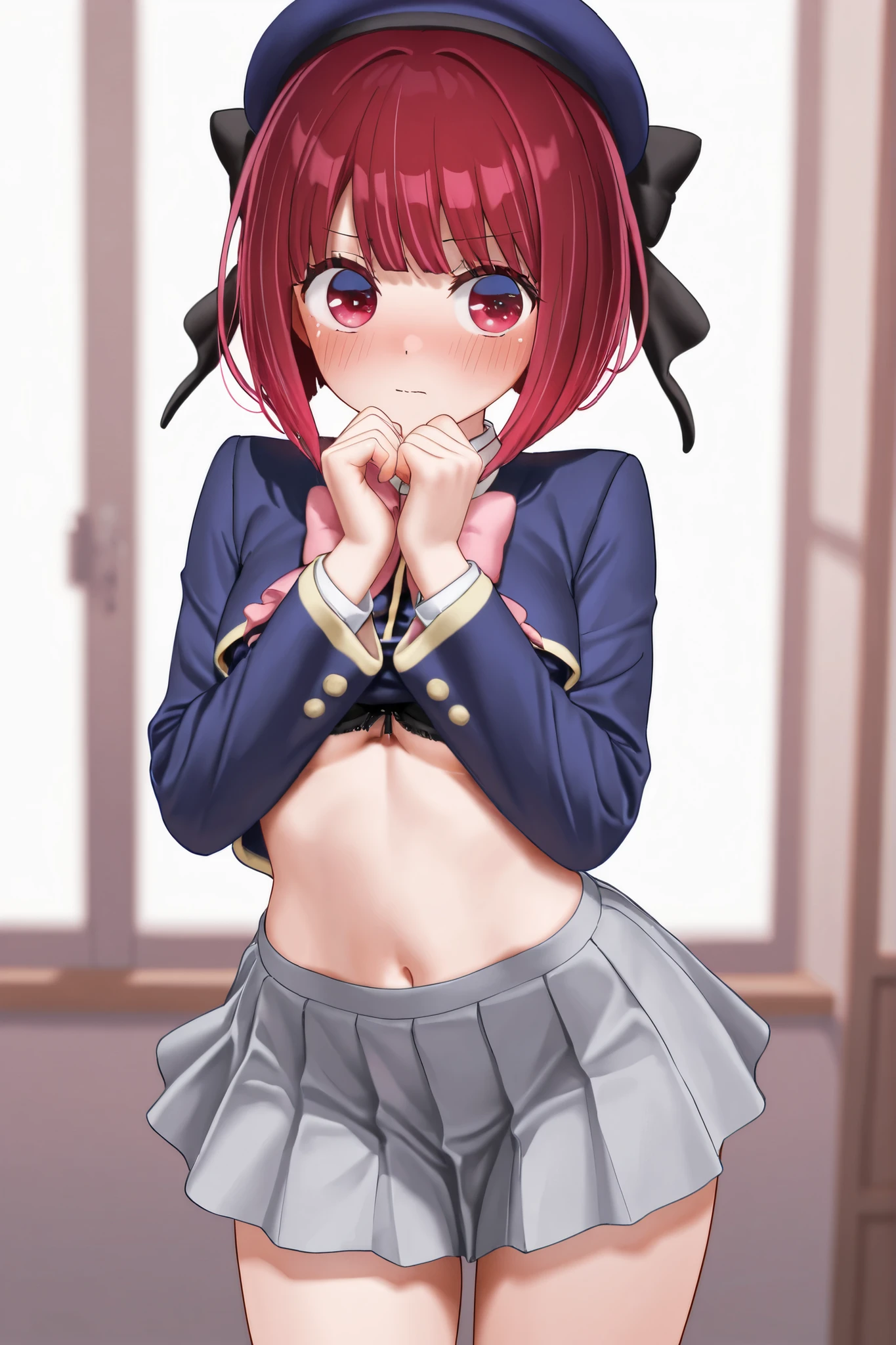 {{{masterpiece}}}, {{{best quality}}}, {{ultra-detailed}}, {illustration}, {{an extremely delicate and beautiful}}, 8k, nsfw, Arima Kana (Oshi No Ko), Red hair, very big eyes, red eye, short hair, bob hair, violet beret, , jacket, violet Jacket, pink bow tie, big bowtie, white shirt, black sweater, white socks, short skirt, grey skirt, BREAK, NSFW, anime girl  and in bed spreading her pusss wide, 1girl, solo, (spread pussy wid),(pussy focus:1.bare pussy:1.3), (Vaginae:1.1),(ureth),(Kupaa:1.1), open vagina, clitoris, spread vaginoth handh grab, nail, loot viewer, spread legs, {{open vagina, spread pussy, pussy, cns, urethra, vaginalng, labia minorerus, s pussy}g off clo open clothes, Oirt, open jacket,sts, nipples, lift up skirt, ,open mouth,embarrassed,naughty expression, raise your legs, M-shaped your lethe bed, uncensored