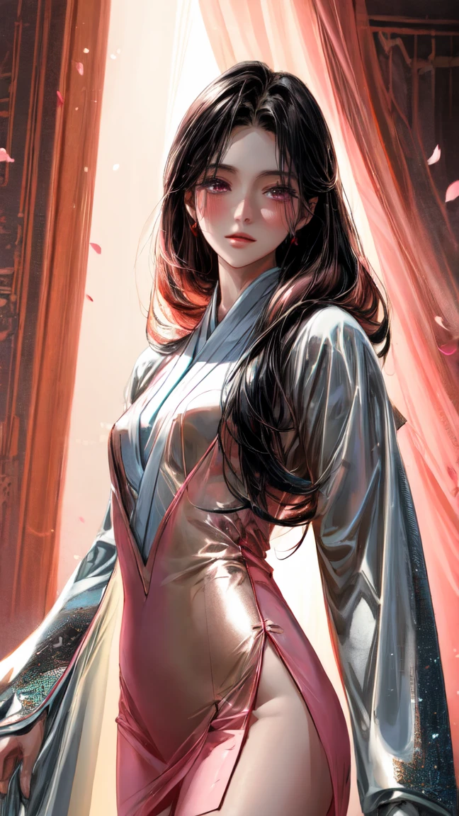 A woman with long black hair and a crown, a princess wearing a pink dress.
