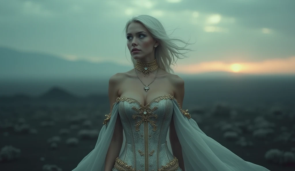 full view of a queen, a 30 years old woman, very long blond hair, blue eyes, slim, A woman stands. She holds a large white flag with pride, she wears a futurist cream and blue dress made from a mix of printed circuit board alloy and leather fabric, futurist crown.