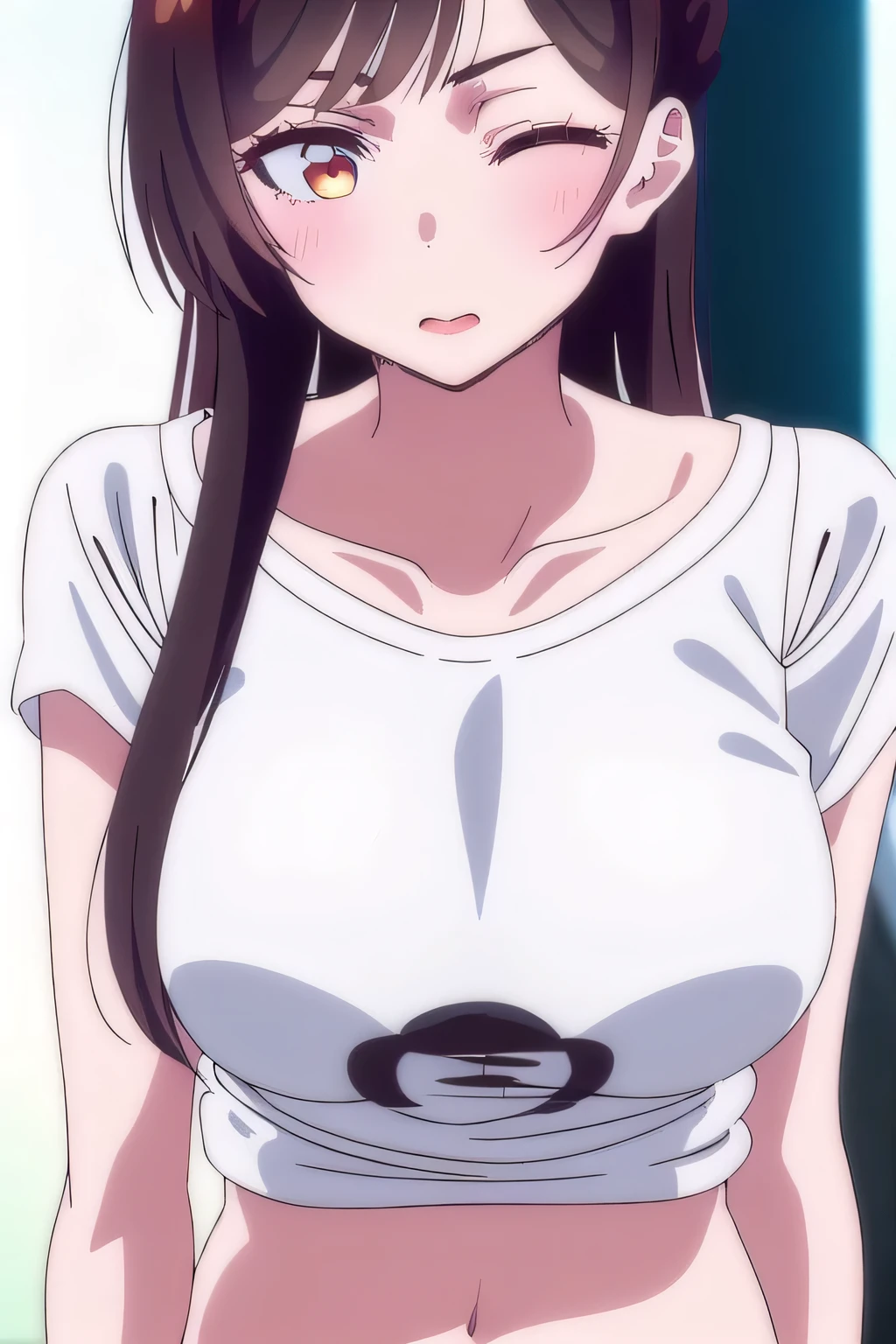 (1 girl), (orange eyes), (intricate iris details), (front), (sexy girl with sexy look dressed ), (lowers her eyes), (Chizuru Mizuhara), (White background), sleveless t shirt, short,navel,breasts