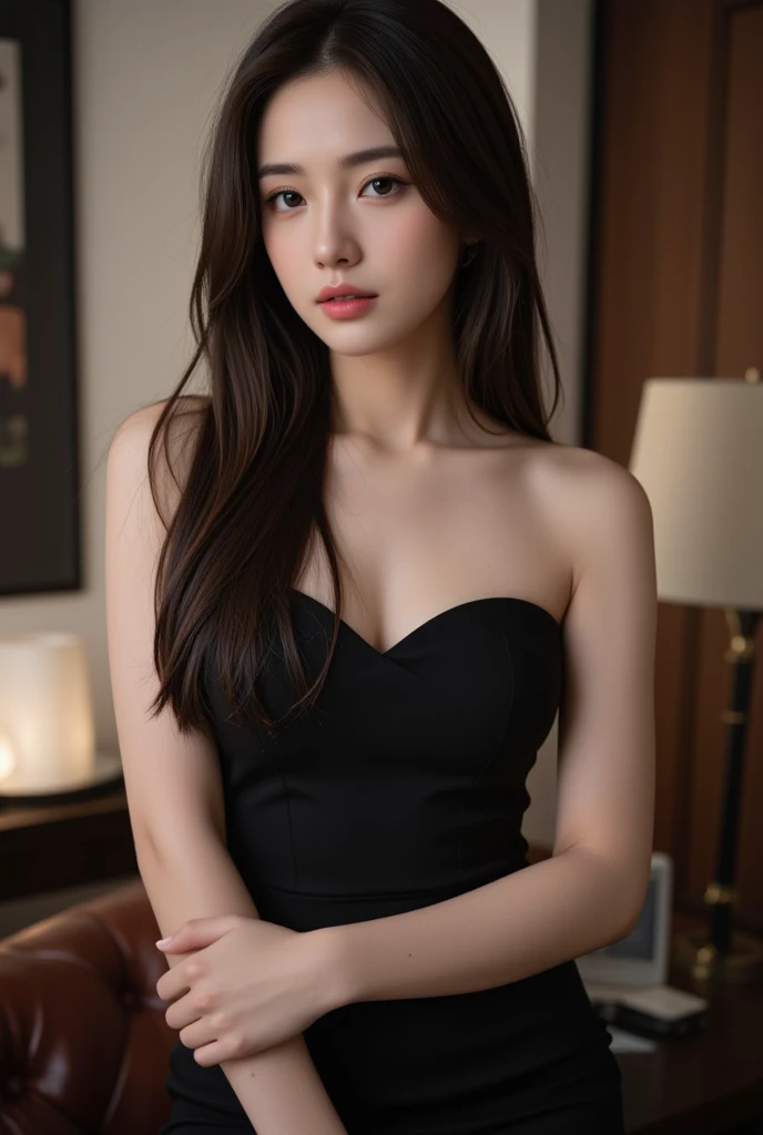((Best Quality, 8K, Masterpiece: 1.3)), Focus: 1.2, (Cinema Filter: 1.3) Perfect Body Beauty: 1.4, Buttocks: 1.2, (Layered Haircut: 1.2)), , (Sitting on the Sofa: 1.3), Realistic Face and Skin Texture, Full Body, Fine Eyes, Double Eyelids, Long Hair, (Round Face: 1.5), (Black Top: 1.6), Cleavage, Medium Chest