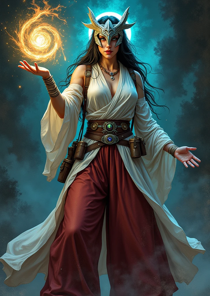 Conceptual Photography, (ohwx woman:1.0),In a mystical arcane circle, a female human Magus (photorealistic:1.35) flawlessly weaves magic with swordplay. Her face, highlighted with (striking, enchanting makeup:1.2), displays her arcane proficiency. With her spell-infused sword, she cuts through the astral plane, illuminating the surroundings. The arcane circle's intricate designs, the flickering spellfire, and the Magus' graceful agility illustrate the fusion of magic and melee,  <lora:zendaya_lora_sdxl_v1:1>