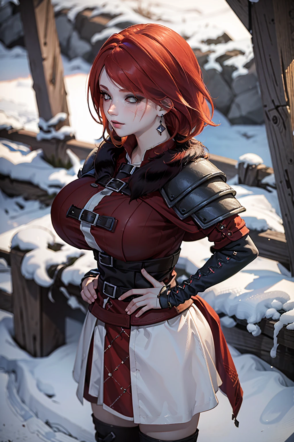 1 wolf woman, long red hair, wolf ears, dark brown eyes, thin lips, round face, huge covered breasts, wide hips, wearing bearskin clothing, fierce look, sharp claws ready to attack, teeth showing, SFW