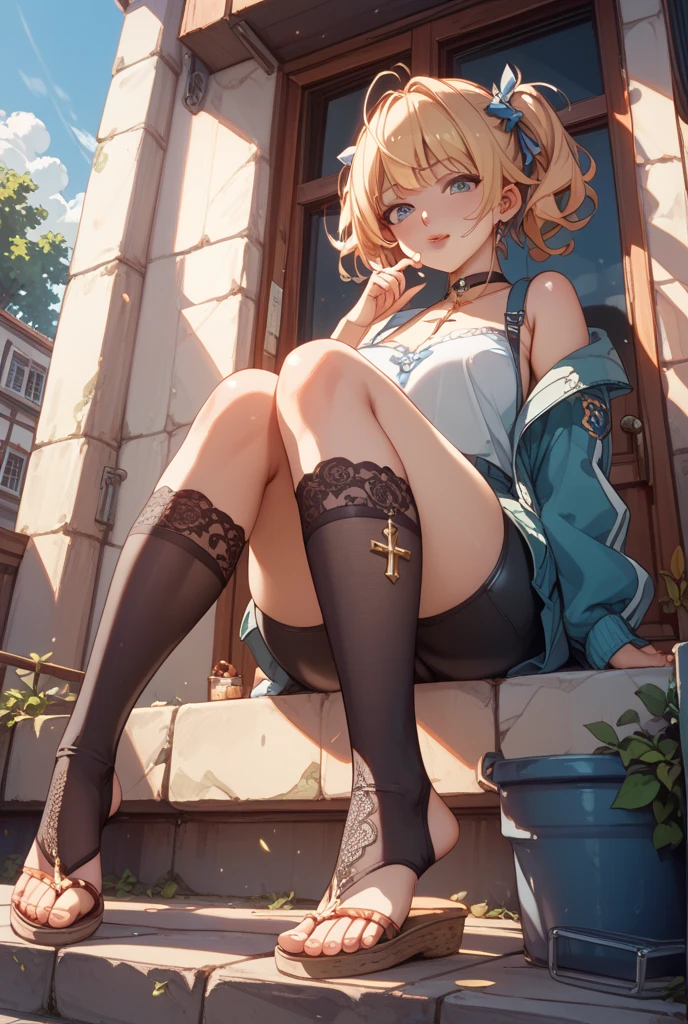 1 girl, CuteStyle, upper body, angel wings, furry, pony furry, blue eyes, hooves instead of hands, white fur, brown mane, long mane, dressed in black underwear, cleavage, medium breasts, black stockings, sitting on a bench, leg over leg, black gloves on her hands, embarrassed, blush, on the street, trees, rays of the sun, detailed, beautiful, delicate tones