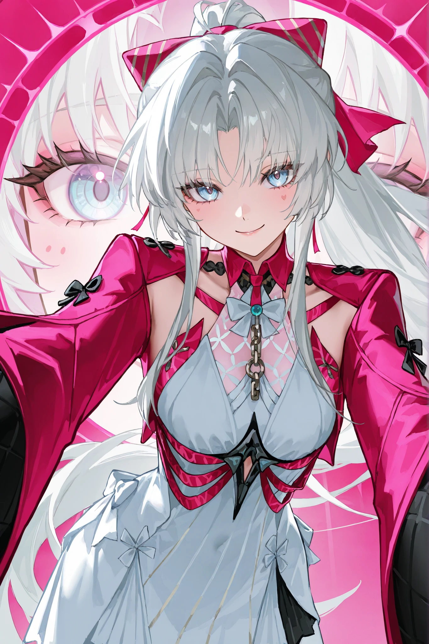 Персонаж carlotta из wuthering waves, long platinum hair in a ponytail,  chelka,  very big eyes, with her eyes , surprisingly wide patterns, blue eyes with pink , Glass retina,  pink ribbon in the form of a bow with a hair tie, clothes of the carlotta character from wuthering waves, White dress, big plump lips   , looks at the viewer,  rosy cheeks, turns red ,   smile, shame , flirts with the ,  Best quality, Glass retina,  stands in a large hall,   thin and elegant , slim, emphasis on the eyes, detailed eyes will flirt,  long lashes, bottom view