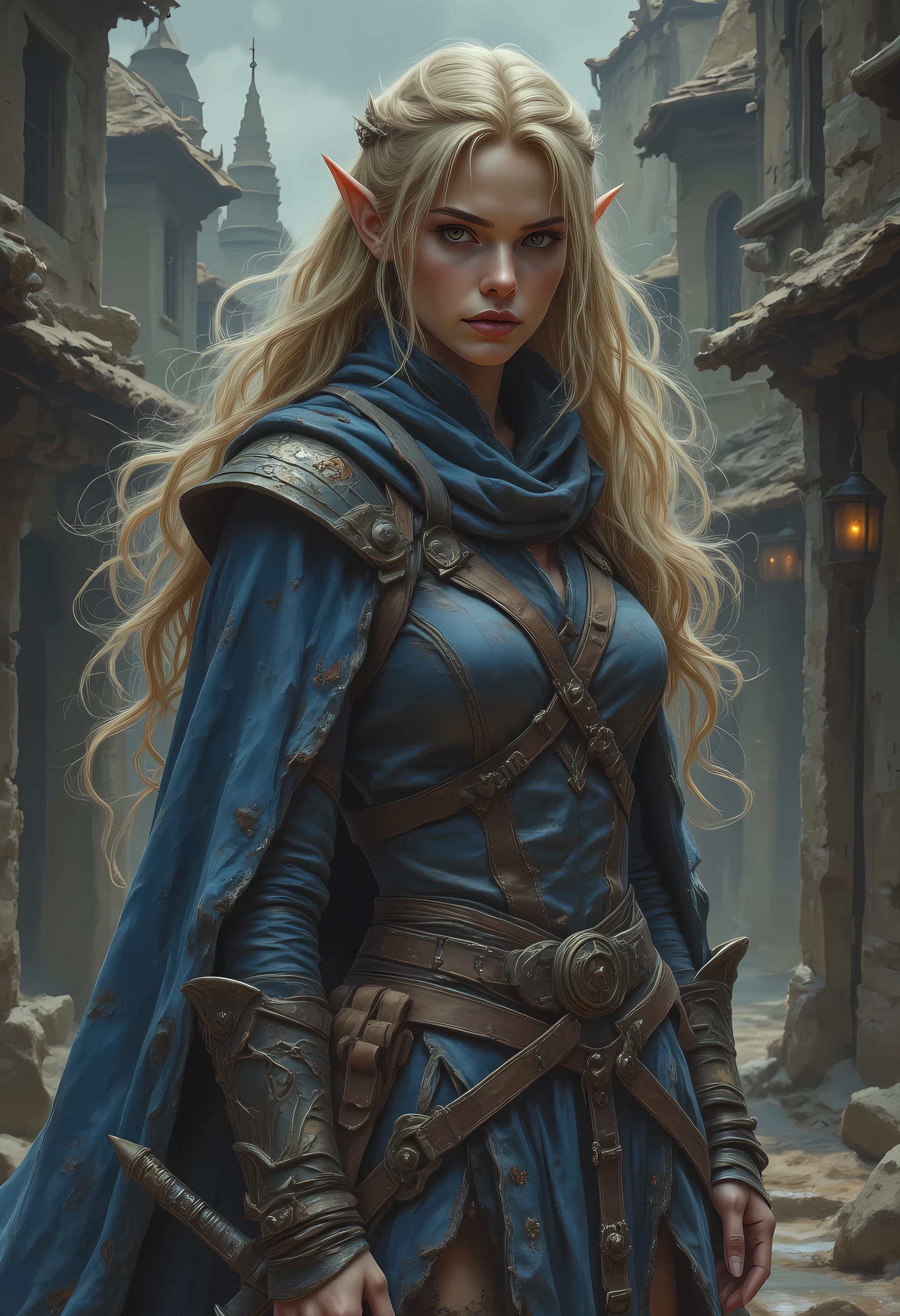 a black and white 1940s pin up snapshot picture of a female elf, fantasy swashbuckler, fantasy fencer, armed with a slim sword, metallic shine, colorful clothes, full body, epic beautiful female elf, blond hair, long hair, billowing hair, small pointed ears, wearing  cloak, long cloak, (blue cloak: 1.3) wearing elven leather shirt, sense of daring, sense of adventure fantasy street, high details, best quality, 16k, [ultra detailed], masterpiece, best quality, (extremely detailed), dynamic angle, ultra wide shot, photorealistic, RAW, fantasy art, realistic art,((best quality)), ((masterpiece)), (detailed), perfect face, fantasy, light and shadows by reij-shdwgms