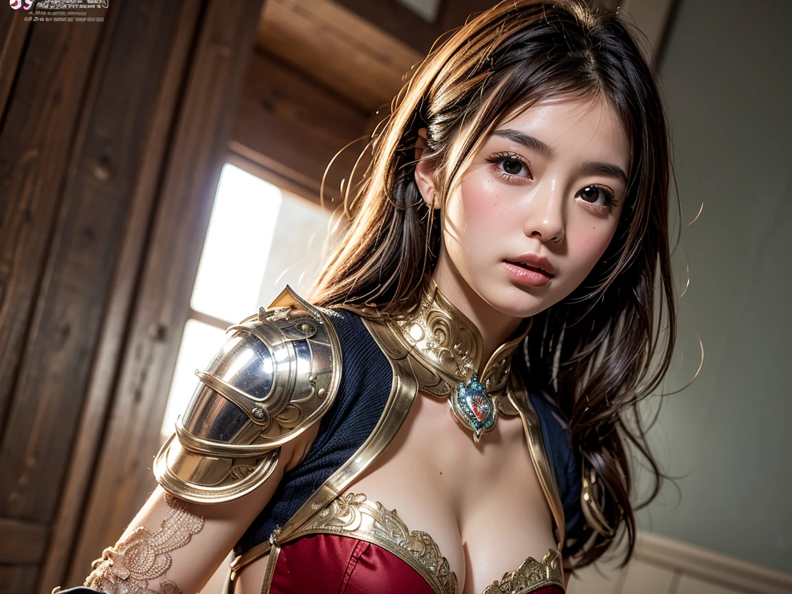 Professional , masterpiece、top-quality、photos realistic , 、top-quality、超A high resolution、(Photorealsitic:1.4)、Raw photo、depth of fields (Gemstone Gold Metal Body:1.9),(Matte White、Toostock、cleavage of the breast、(cleavage of the breast)、(Detailed Dragon Armor)、(Have the strongest weapon)、((Random Hairstyles 1.6),Dark Fantasy,)explosions、intense fighting、(Precipitous cliffs),Dragon Gold Weapon,Mystical expression、Particles of light、Fight dragons、(Detailed Dragon Helmet),Gorgeous Silver Weapons ,(( Dragon's dense and gorgeous sword)) , Beautiful knife ,warhammer 40k ,Detail and gorgeous crown、((Blue hair))、(Castle background)、、((Gangle's forest background))、Beautiful Caucasian beauty、1a person、dynamic ungle,((()))、Smaller head、A smile、Castle background、Thin and beautiful female hands、cleavage of the breast、Soldier in iron armor on background、Mystical expression、Light Effects、intense fighting、Wind-effect、magic circles、With the legendary magic wand、(demonic wings)、Toostock、