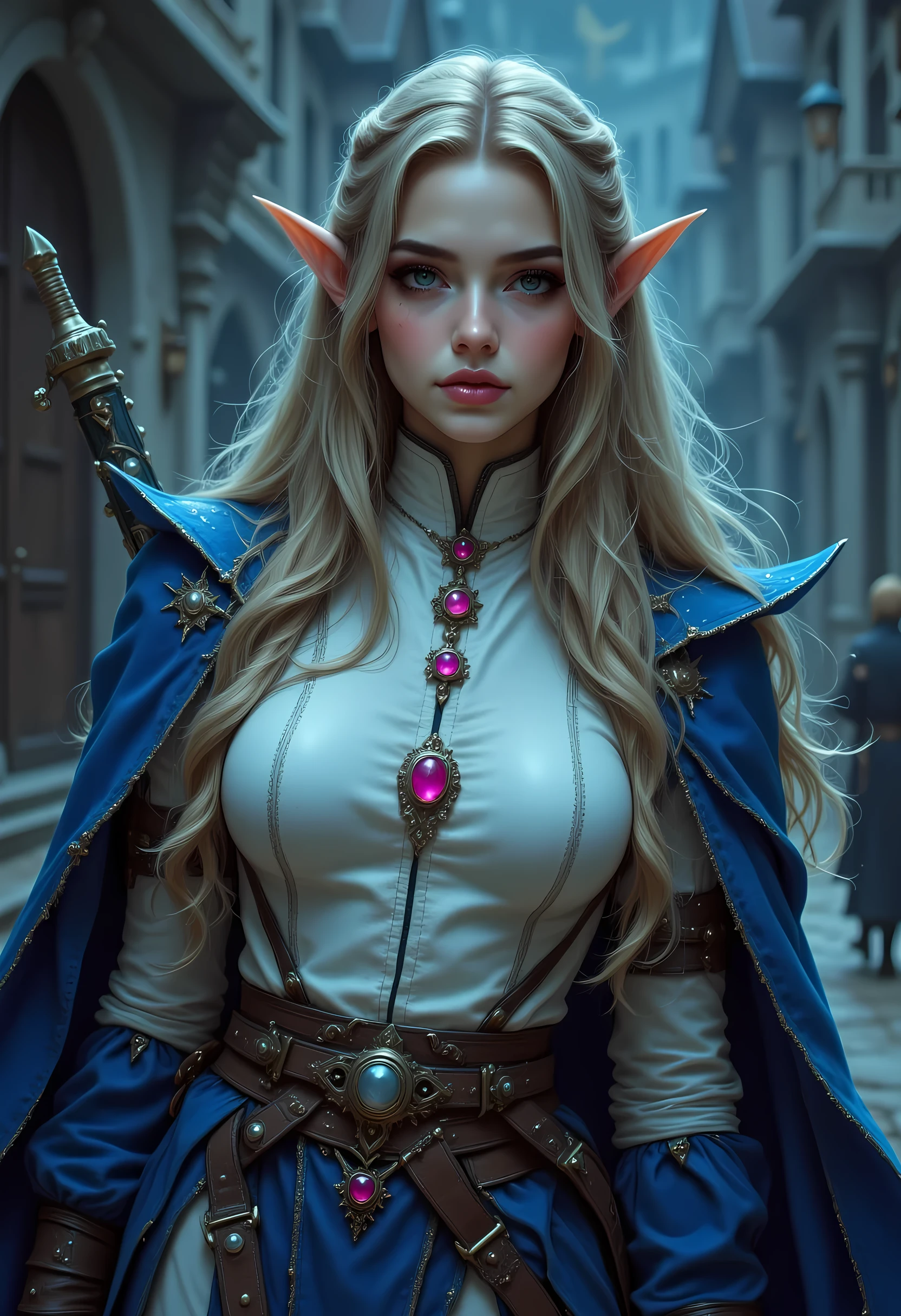a 1940s pin up snapshot picture black and white (only colors are black and white and  blue) of a noble female elf, fantasy swashbuckler, fantasy fencer, armed with a slim sword, metallic shine, full body, epic beautiful female elf, blond hair, long hair, billowing hair, small pointed ears, wearing  blue cloak, long cloak, (blue cloak: 1.3) wearing elven intricate white leather shirt, delicate leather, shiny rubies studded in the shirt,  small cleavage, sense of daring, sense of adventure high fantasy elf street, high details, best quality, 16k, [ultra detailed], masterpiece, best quality, (extremely detailed), dynamic angle, ultra wide shot, photorealistic, RAW, fantasy art, realistic art,((best quality)), ((masterpiece)), (detailed), perfect face, fantasy, niji, gothic, erotic, anime