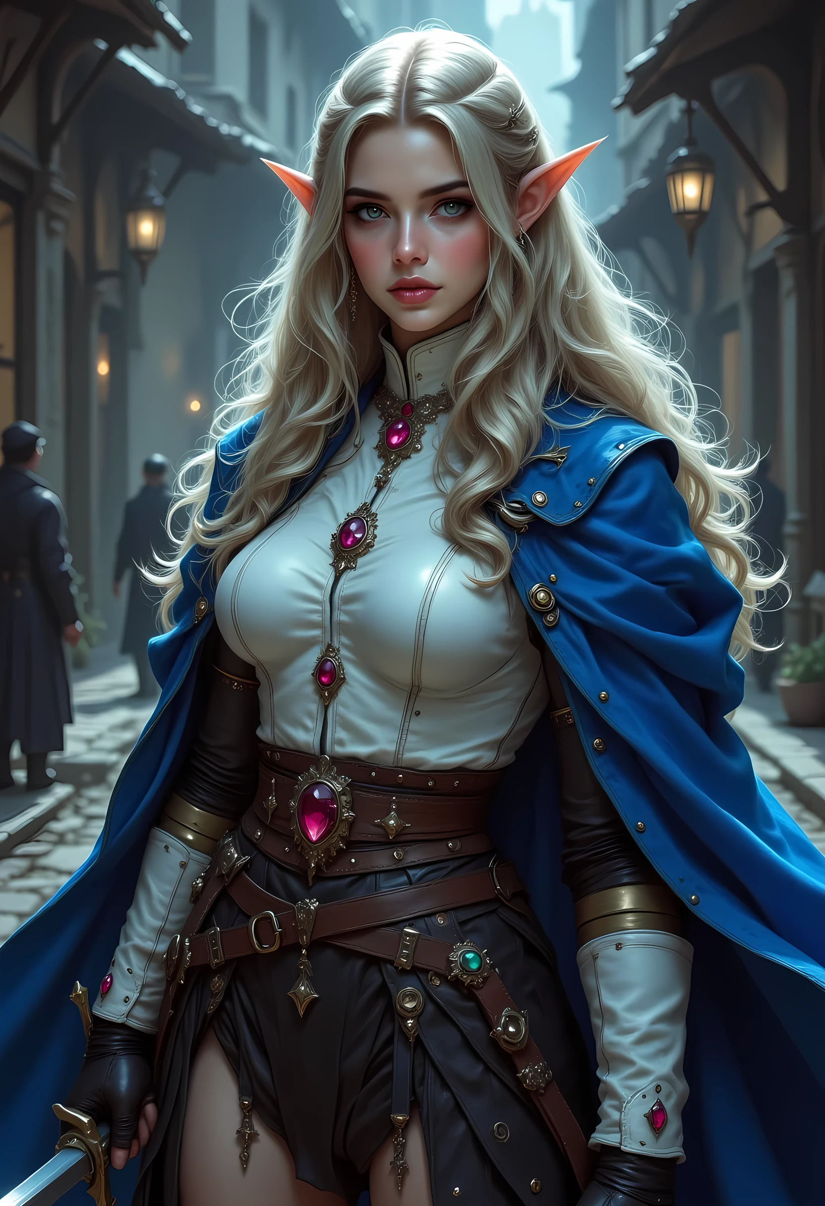 a 1940s pin up snapshot picture black and white (only colors are black and white and  blue) of a noble female elf, fantasy swashbuckler, fantasy fencer, armed with a slim sword, metallic shine, full body, epic beautiful female elf, blond hair, long hair, billowing hair, small pointed ears, wearing  blue cloak, long cloak, (blue cloak: 1.3) wearing elven intricate white leather shirt, delicate leather, shiny rubies studded in the shirt,  small cleavage, sense of daring, sense of adventure high fantasy elf street, high details, best quality, 16k, [ultra detailed], masterpiece, best quality, (extremely detailed), dynamic angle, ultra wide shot, photorealistic, RAW, fantasy art, realistic art,((best quality)), ((masterpiece)), (detailed), perfect face, fantasy, niji, gothic, erotic, anime