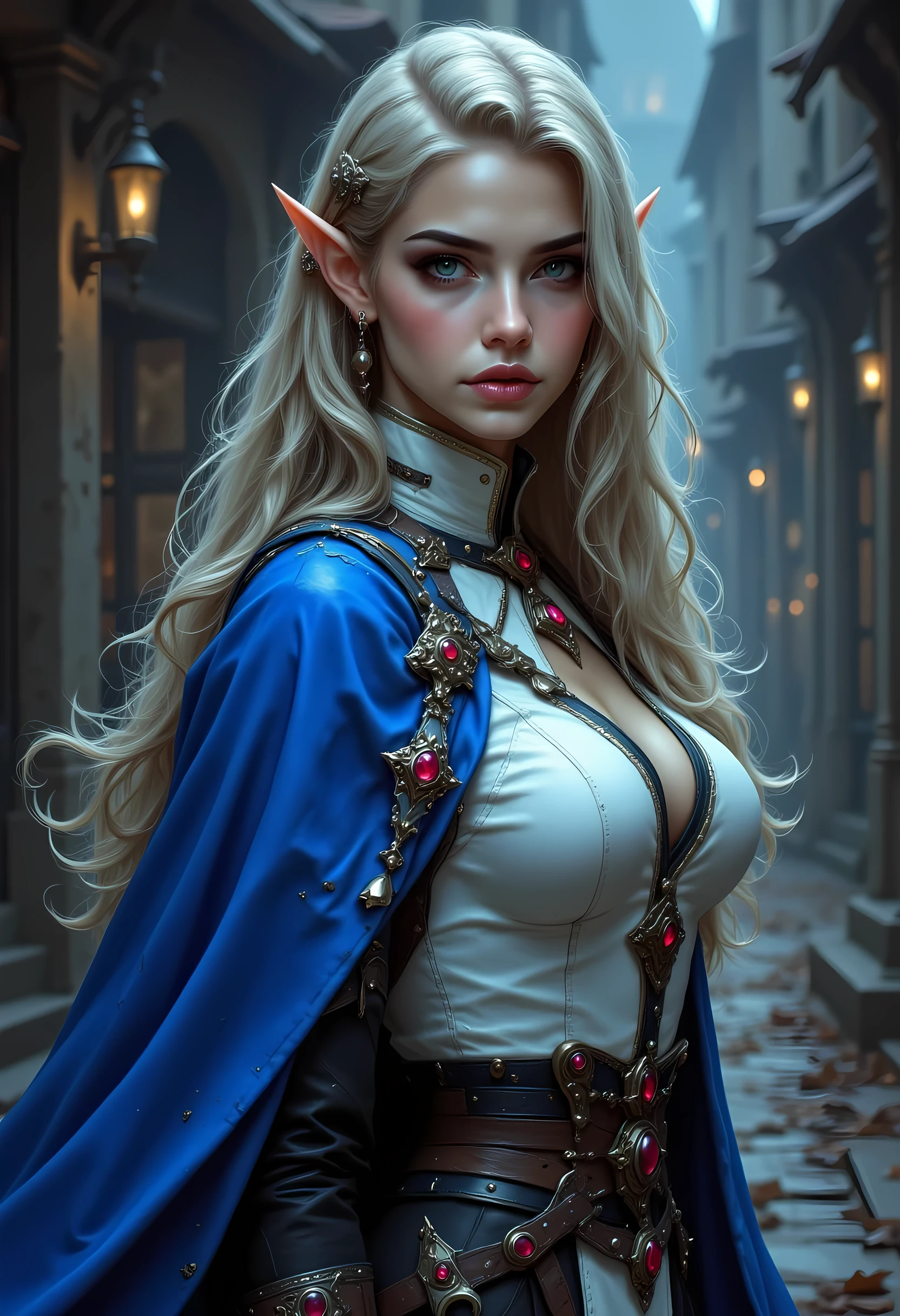 a 1940s pin up snapshot picture black and white (only colors are black and white and  blue) of a noble female elf, fantasy swashbuckler, fantasy fencer, armed with a slim sword, metallic shine, full body, epic beautiful female elf, blond hair, long hair, billowing hair, small pointed ears, wearing  blue cloak, long cloak, (blue cloak: 1.3) wearing elven intricate white leather shirt, delicate leather, shiny rubies studded in the shirt,  small cleavage, sense of daring, sense of adventure high fantasy elf street, high details, best quality, 16k, [ultra detailed], masterpiece, best quality, (extremely detailed), dynamic angle, ultra wide shot, photorealistic, RAW, fantasy art, realistic art,((best quality)), ((masterpiece)), (detailed), perfect face, fantasy, niji, gothic, erotic, anime
