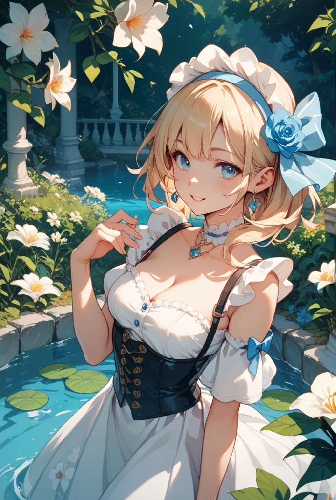 Pretty girl with blue eyes and blonde hair in a bun, big lips, small breasts, big hips, wearing a frilly blue baby bonnet, wearing a frilly blue tutu, wearing a frilly white diaper, white stockings, sitting in a water fountain, dripping wet, crying