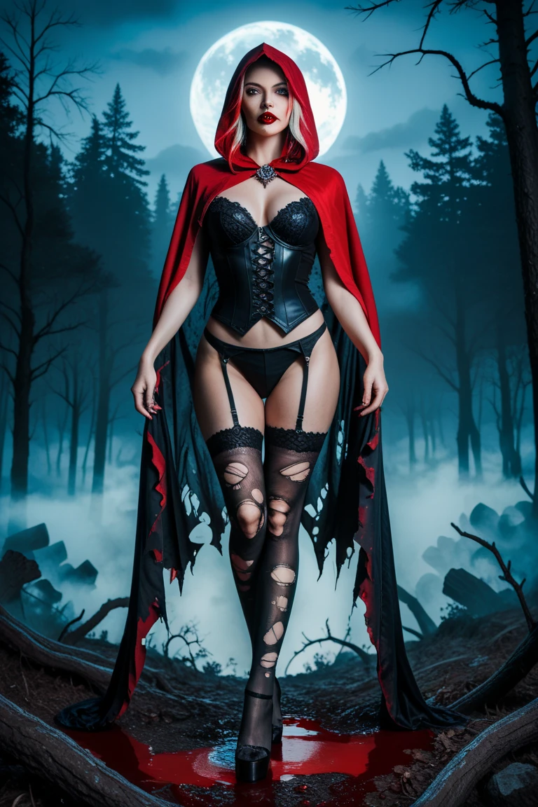 (Best Quality,hight resolution,Masterpiece, half body front view:1.2),Ultra-detailed,woman dressed in full length black lace dress, red cloak, hood up, see-through, sickly, standing in a creepy abandoned place, fishnet stockings, detailed fishnet stockings,  centered subject,gloomy ecstasy,fetish,dark, slim, perfect figure, medium breasts.
gloomy atmosphere, creepy atmosphere, gritty texture,Retro-atmosphere,warped reality,melancholic expression on his face,mysterious aura,foggy atmosphere,foggy background,Subtle color palette,provocative pose,Strong emotions,
Coming Out of the Depths of Despair,Piercing gaze,intense shadows,Plunged in Darkness,dark industrial aesthetic,ominous vibe,A supernatural sensation,Loss of Place in Time and Space,Eerie silence. freckles, blonde short hair, reckles, gray eyes, cleavage, bare stomach