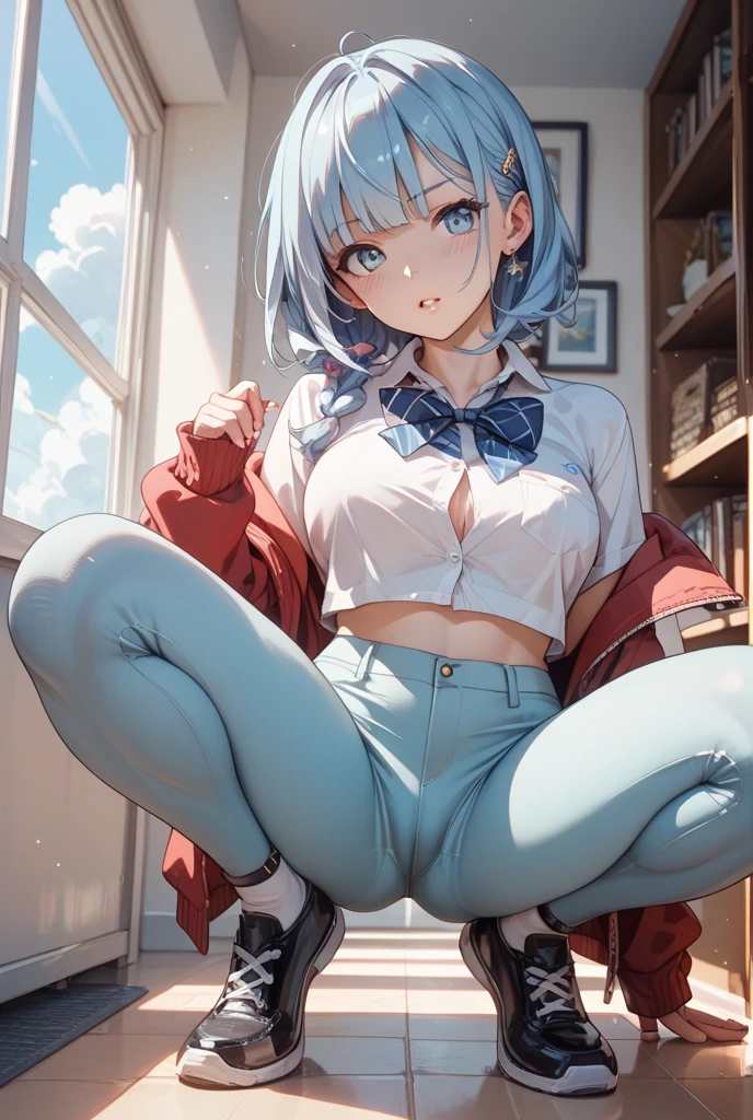 (8k, 最高quality)、超High resolution、Bright blue hair、blue eyes、 girl、Small breasts、Braided half bob hair、uniform、Me in a knitted cardigan、 girl、Looks about 15 years old、Petan Musume、In the classroom、(missionary, 1boy, penis, lying, vaginale, ass pov, sex, nsfw)、quality, High resolution, Very detailed, Detailed Background, Perfect lighting、masterpiece、Best image quality、最高quality、、 (cryin) ,Cute Characters, Most detailed, 高quality、nose blush、steam、Oblique angle、Shiny Hair、Very fine and beautiful bright eyes、be scared、Very detailed, clear and beautiful face、Slender body、Awards, Anatomically correct、((Scared))