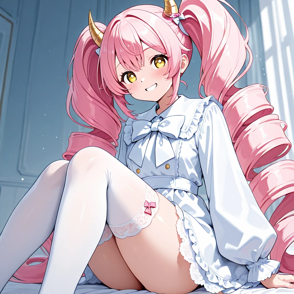 Happy young girl, with wolf ears and pink hair, holding her cheeks, wolf tail, wearing a latex dress, looking at veiwer, full body, you can see her chest, naked breasts