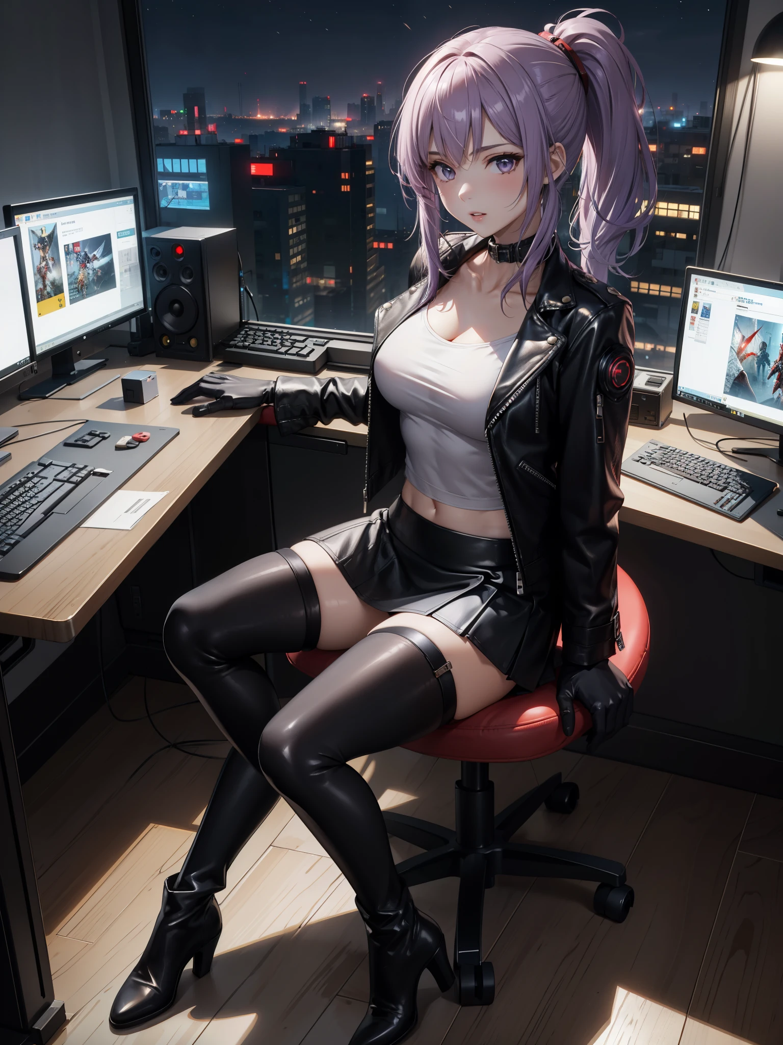 (Masterpiece, better quality, detailed), a chic, Alone, seen from above, ((sitting in a gamer chair)), ojos detaileds, purple eyes shirt, Lavender hair short ponytail, Love, medium breasts, sensual lips, ((harness on the torso)), ((black leather jacket)), (black gloves, ((short school miniskirt)), ( brown stockings), (black boots), room with cyberpunk style gamer computer, (at night)