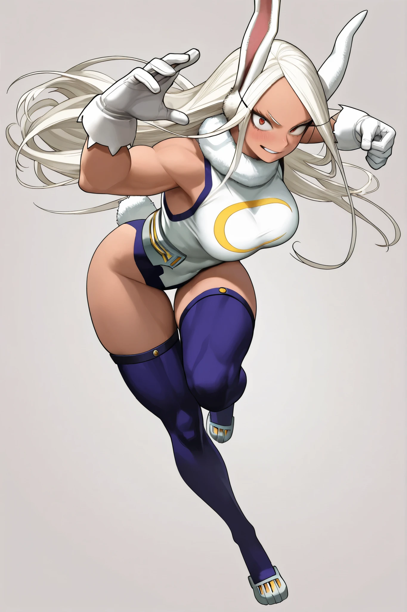 score_9, score_8_up, score_7_up, score_6_up, score_5_up, score_4_up,
BREAK
(masterpiece: 1.0), best quality, perfect anatomy, perfect composition, perfection, Realistic proportions, realistic anatomy,
BREAK
use of shape theory, use of anatomy, defined body, defined textures, defined fabric folds. (dynamic pose, foreshortening, foreshortening, dynamic pose,)
BREAK
1girl, solo, long hair, breasts, looking at viewer, blush, simple background, Mirko (My hero academia), dynamic pose, thick lines