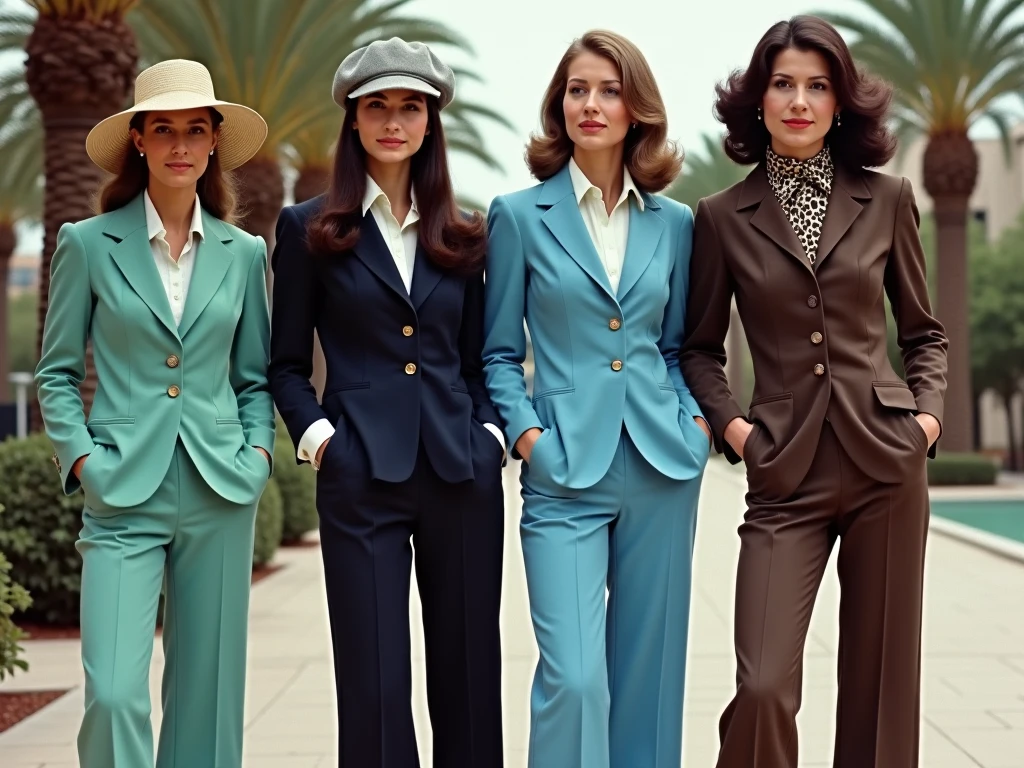 our women standing in a row, posed against a backdrop of palm trees and a paved walkway. They are all wearing flared-leg pantsuits of different colors: teal, navy, bright blue, and dark brown. The woman in the teal suit wears a wide-brimmed straw hat, the woman in the navy suit sports a newsboy cap, and the woman in the blue suit has shoulder-length brown hair worn straight. The woman in the brown pantsuit has dark brown, curly hair and is wearing a leopard print scarf around her neck. All four have collared shirts or blouses visible under their jackets. The women’s poses are similar, hands often resting near their waistbands, suggesting a certain formality or posed style. The overall atmosphere is one of fashionable sophistication, characteristic of a 1970s fashion advertisement. The mood is calm and stylish, conveying an air of elegance and confidence from the women. The lighting is even and bright, typical of a studio or professionally lit photograph. A pair of eyeglasses is partially visible near the woman in the teal pantsuit, adding a touch of everyday realism to the otherwise stylized presentation.