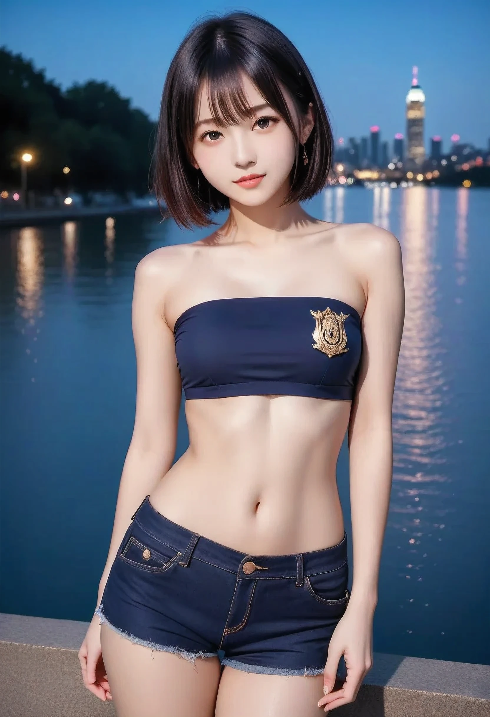 score_9, score_8_up, score_7_up, super detailed, 32K, Masterpiece, top quality, super high definition ,nsfw, official art, photorealistic, Japanese cute girl, short bob, black hair, smaller face, natural makeup, cute face, small breasts, curvy body, perfect_proportioned body, Detailed high quality, Realistic depiction of face, fair skin, navy tube tops, short shorts, standing on the river side in London, hand in pocket, background: city night and full-moon, from front, cowboy shot, gentle expression,