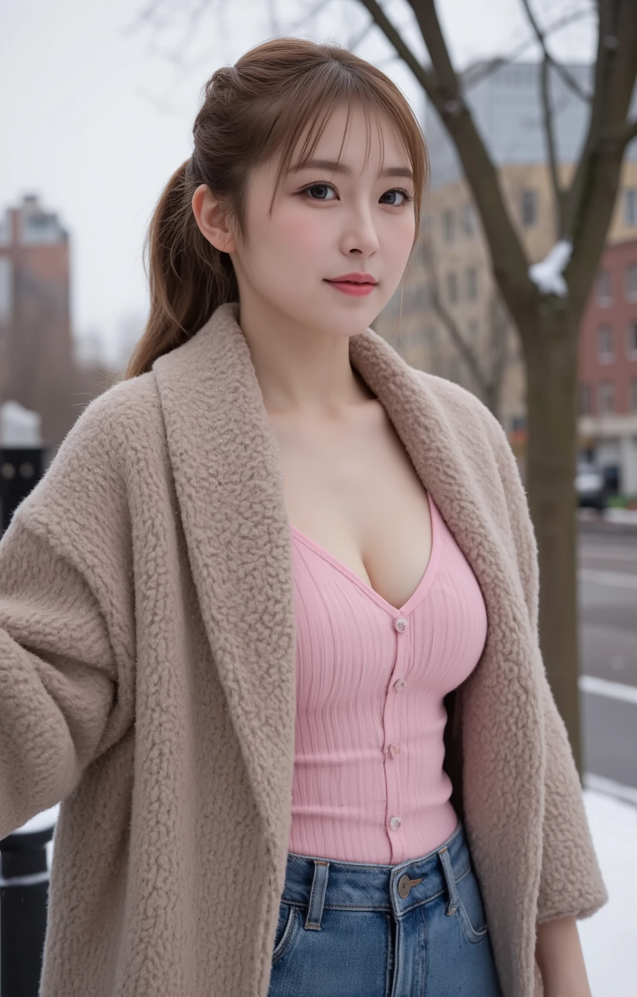 (mature adult woman wearing a leotard1By people),beautiful blonde with breast milk,With bangs,(((ponytail))),((long hair)), realistic person images in dark waters,Realism,best quality,mastepeice,best quality,Max Video Quality,highest resolution,FINE DETAILS,Beautiful detailed face,black eyes,((realistic skin)),detailed background,( Exact Upper Body),(perfect upper body),(upper body),((Realismのある肌)),(smiles),((((super big )))),(((((I'm wearing a duffle coat))))),((((is wearing warm clothing)))),(((((I'm staring at me near the snowy downtown area))))),(((((that looks at me close to))))),(((((Snowy Outdoors))))),(((((Snowy City ))))),((((highlight your upper body and look at me up)))),(((walking))),(((((sweater))))),((((She wears jeans )))),((( dead trees))),