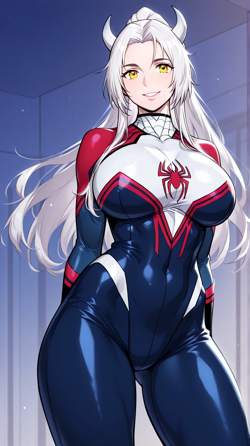 (masutepiece, 4K resolution, Ultra-realistic, Very detailed), (White Superhero Theme, Charismatic, There's a girl on top of town, wearing spiderman costume, She's a superhero), [ ((25-years old), (long white hair:1.2), Full body, (Blue eyes:1.2), ((Spider-Man pose),show of strength, Jump from one building to another), ((sand environment):0.8)| (Cityscape, At night, dynamic light moon))] # illustrate: The Prompt mainly describes a 4k painting of ultra-high definition, Very realistic, Very detailed. Shows a superheroine at the top of the city, wearing spiderman costume. The theme of the picture is the theme of white superheroes, The female protagonist has long gray hair, At the age of 25、Her whole body is shown in the painting. In terms of portraying the actions of superheroines, Spiders are employed