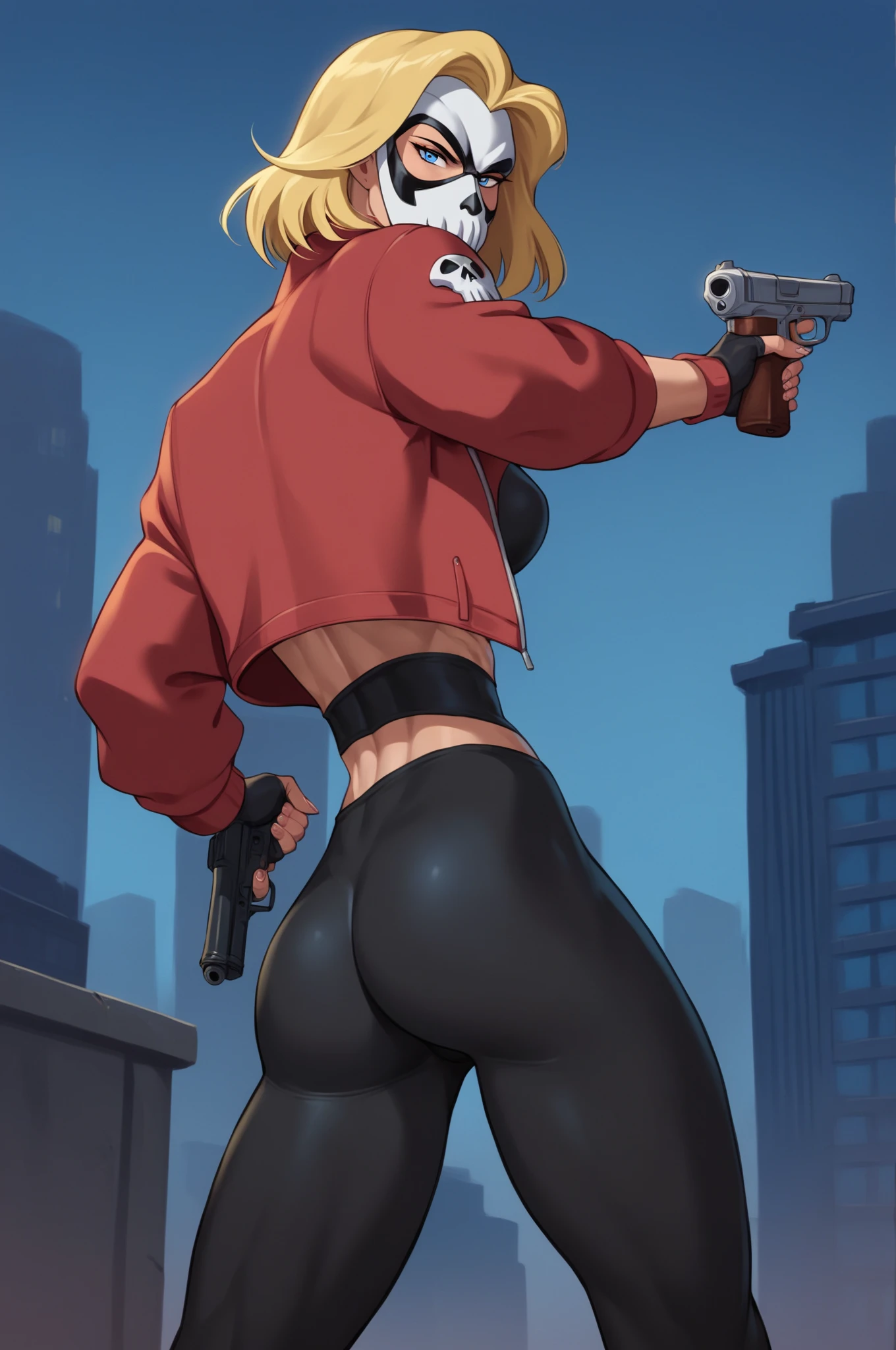 anime, front view of a blonde haired woman, large breasts, thick thighs, narrow waist and wide hips. Hair tied up in a braided ponytail. She's wearing beret, sunglasses, black jacket, crop top, hot pants, thigh highs and sneakers. lit cigarette in her mouth, as she's walking away from an explosion behind her, plumb ass, (from behind:1.4)