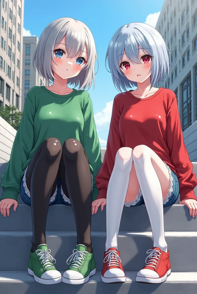 Beautiful girl with short white hair squatting naked spreading her legs exposing her parts in public while people watch her