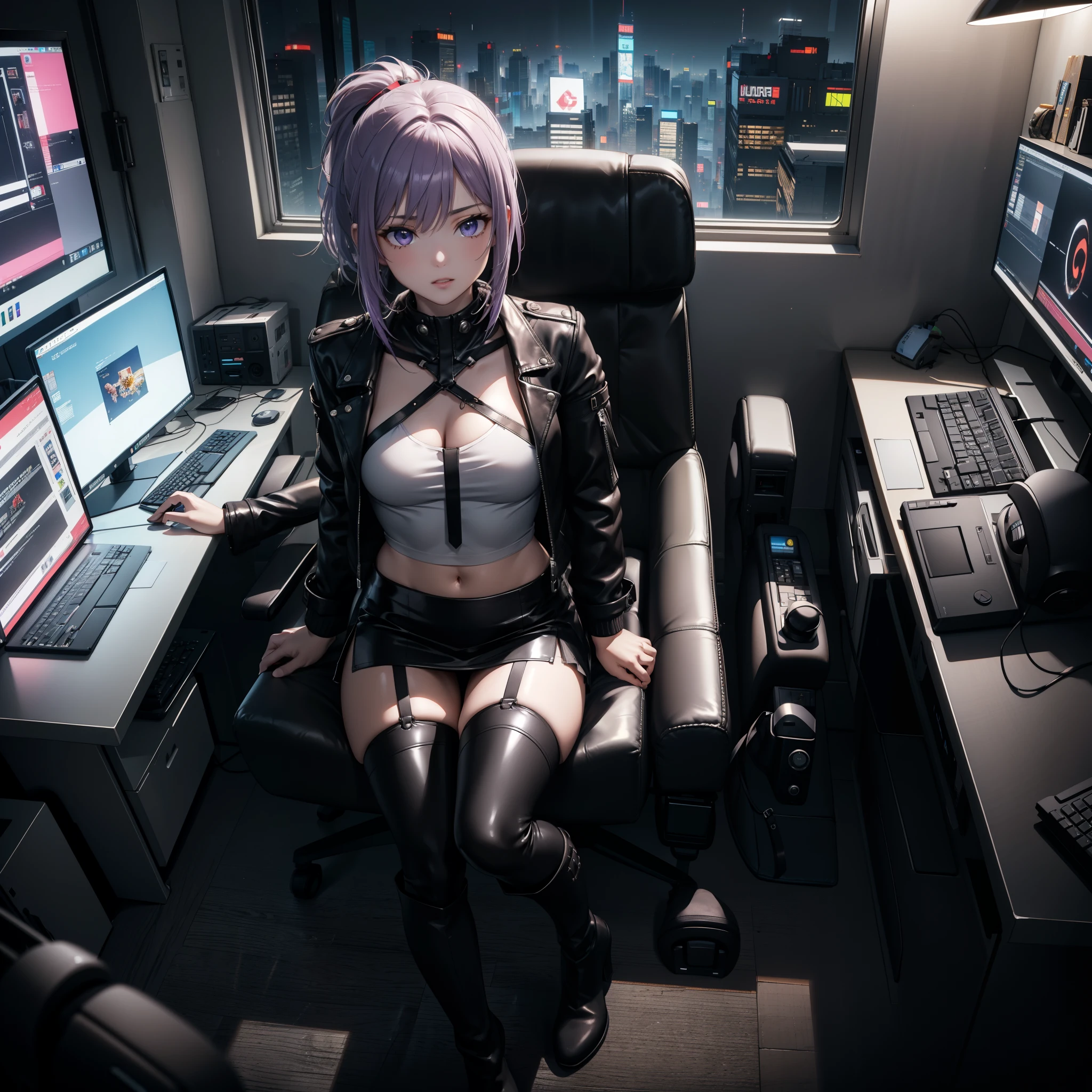 (Masterpiece, better quality, detailed), a chic, Alone, seen from above,  ((sitting in a gamer chair)), ojos detaileds, purple eyes shirt, Lavender hair short ponytail, Love, medium breasts, sensual lips, ((harness on the torso)), ((black leather jacket)), (black gloves, ((short school miniskirt)), ( brown stockings), (black boots), room with cyberpunk style gamer computer, (at night)