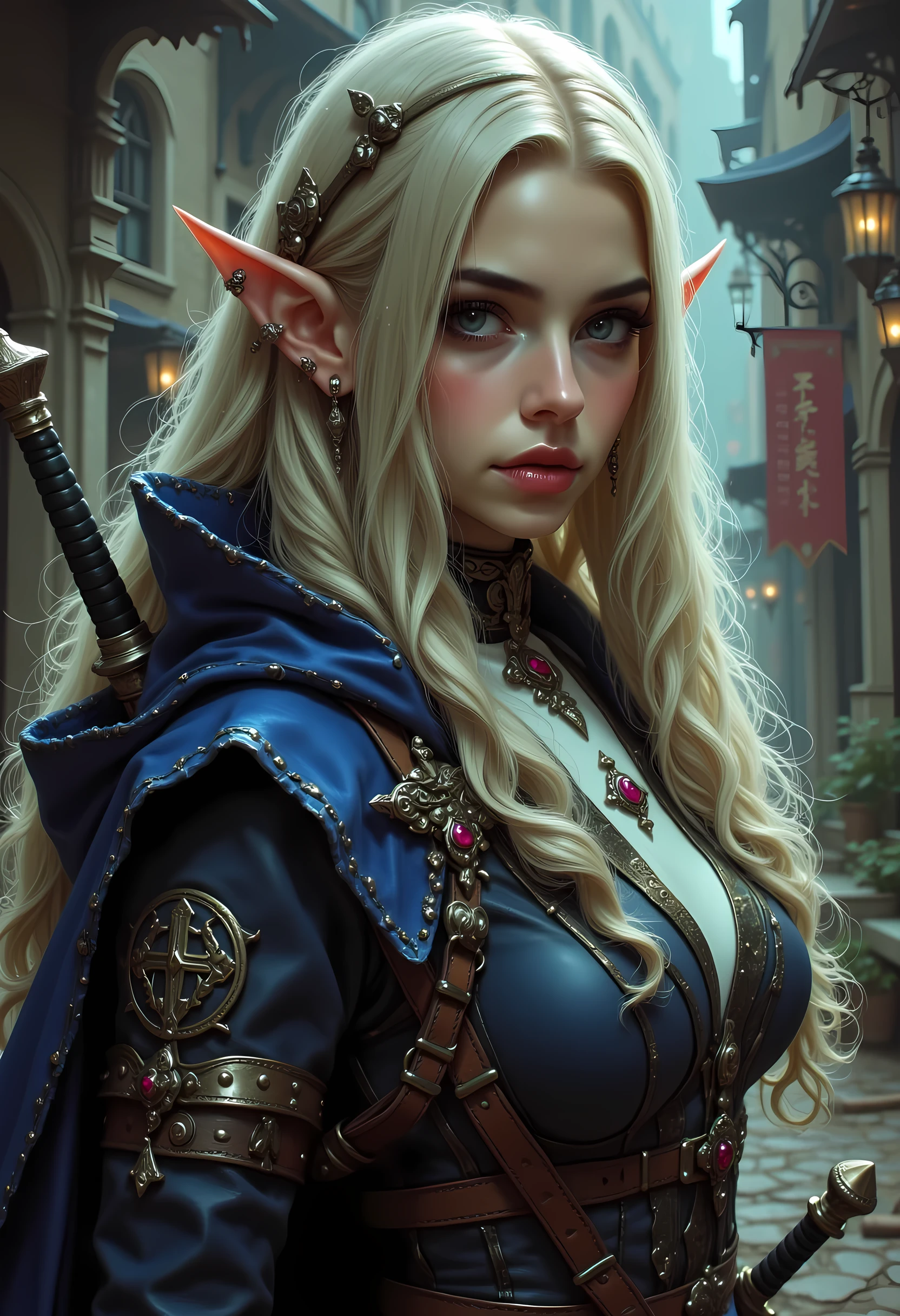 a 1940s pin up snapshot picture black and white (only colors are black and white and  green) of a noble female elf, fantasy swashbuckler, fantasy fencer, armed with a slim sword, metallic shine, full body, epic beautiful female elf, blond hair, long hair, billowing hair, small pointed ears, wearing  blue cloak, long cloak, (green cloak: 1.3) wearing elven intricate white leather shirt, delicate leather, shiny rubies studded in the shirt,  small cleavage, sense of daring, sense of adventure high fantasy elf street, high details, best quality, 16k, [ultra detailed], masterpiece, best quality, (extremely detailed), dynamic angle, ultra wide shot, photorealistic, RAW, fantasy art, realistic art,((best quality)), ((masterpiece)), (detailed), perfect face, fantasy, niji, gothic, erotic, anime
