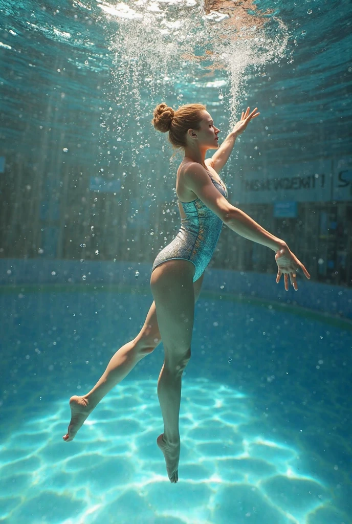 A female swimmer model in a black swimsuit disintegrates into thousands of particles in slow motion, with lines of motion highlighting the force of the impact. Fragments float through the air, illuminated by electrical flashes.