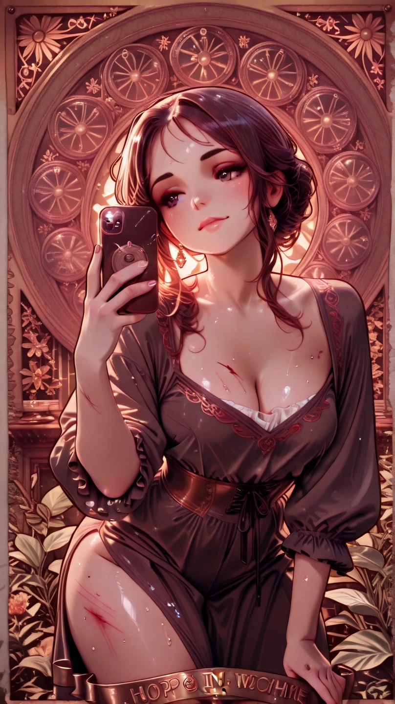 20 year old French girl, assise en robe brunette, yeux de couleurs marrons foncé , Messy hair but not too messy, photos in a lit house photos taken as SELFIE