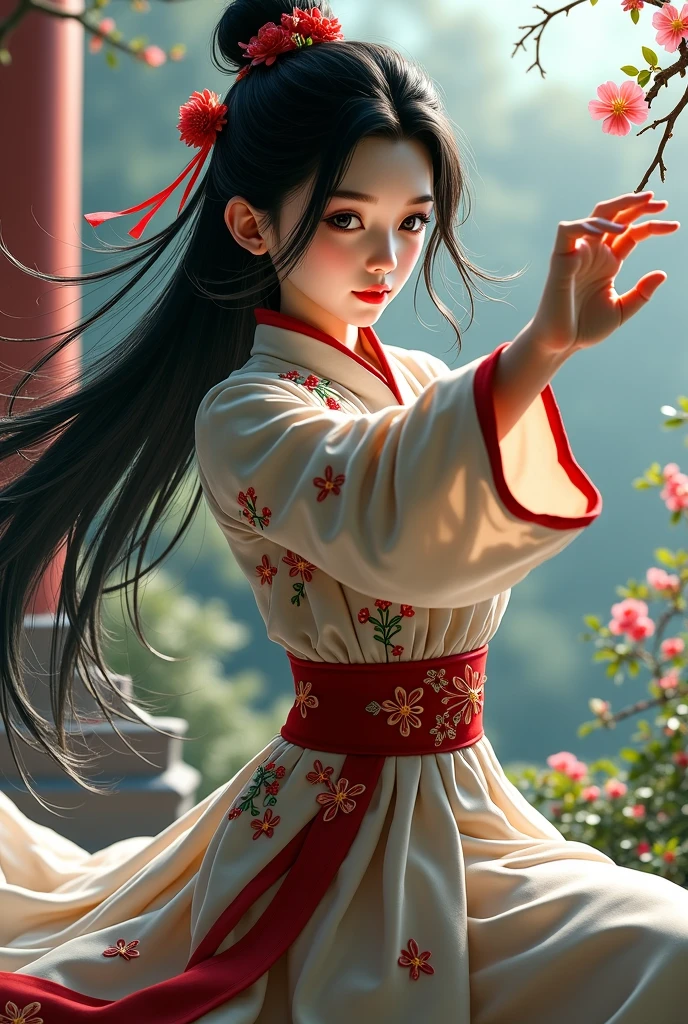 zhongfenghua, 1girl, (full body) solo, hanfu, flower field, blossom, (white smokes:1.3) (photorealistic:1.4), zentangle, mandala, entangle, official art, unity 8k wallpaper, ultra detailed, beautiful and aesthetic, masterpiece,best quality, (dynamic angle:1.4), glowing skin, (floating colorful sparkles:1) the most beautiful form of chaos, elegant, a brutalist designed, vivid colours, romanticism depth of field,