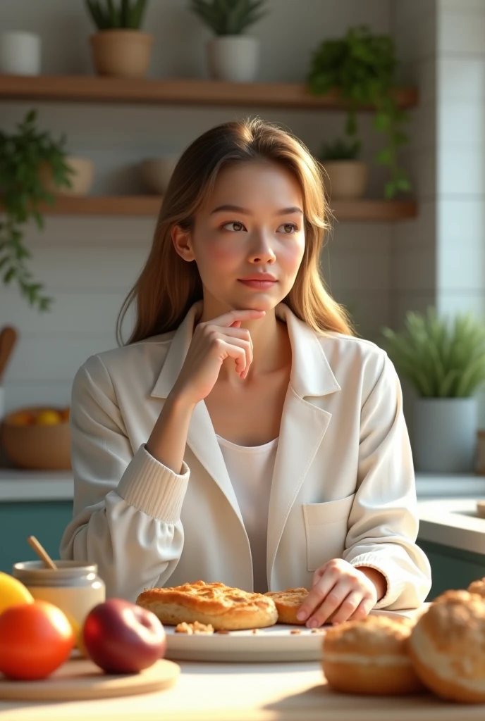 Girl with Blonde Hairs and Blue eyes, small nose, white bathrobe, breakfast in kitchen
