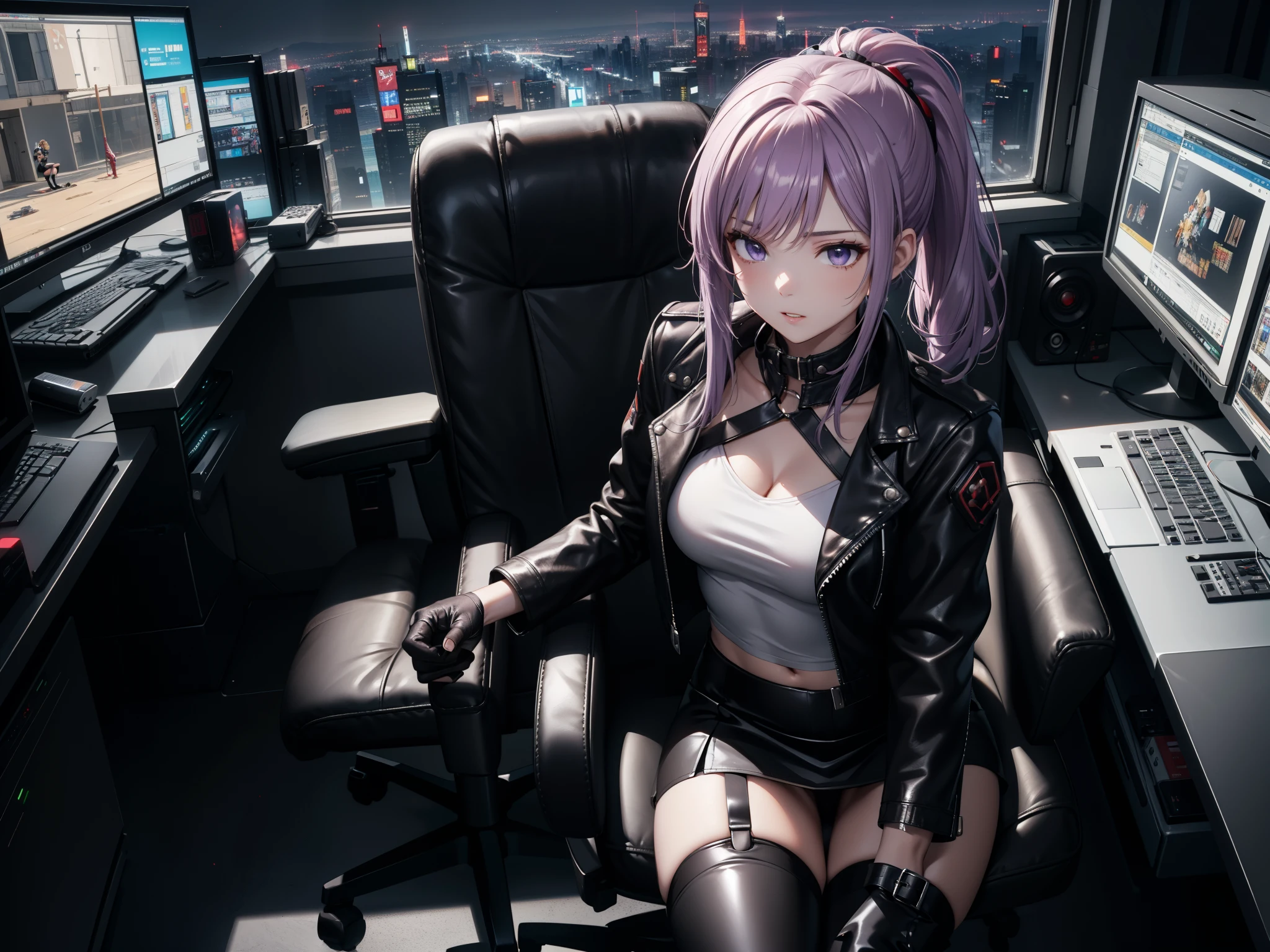 (Masterpiece, better quality, detailed), a chic, Alone, seen from above, ((sitting in a gamer chair)), ojos detaileds, purple eyes shirt, Lavender hair short ponytail, Love, medium breasts, sensual lips, ((harness on the torso)), ((black leather jacket)), (black gloves, ((short school miniskirt)), ( brown stockings), (black boots), room with cyberpunk style gamer computer, (at night)