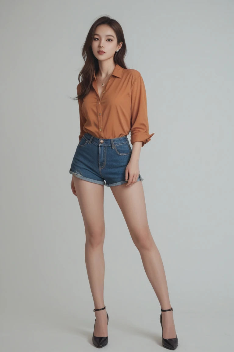 A beautiful woman wearing a knotted plaid shirt, denim shorts, narrow waist, --auto --style art-imagine -