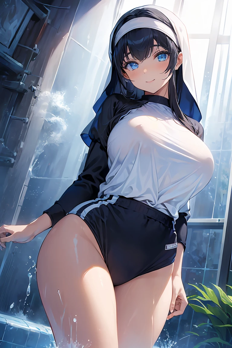 ((masterpiece:1.4)), ((Highest quality:1.4)), ((masterpiece)), ((Highest quality)), ((Intricate and detailed:1.4)), ((Super detailed)),(See through:1.1),((Cowboy Shot:1.3)),((Gym suit)),((Dark blue gym bloomers)),((White shirt)),(((Wet with water:1.2))),(Long nipples),((Nipples are visible)),(Firm breasts), Perfect breasts, View the viewer, Insanity, Black Hair,(Long Straight Hair:1.2),(Neat hair),(Blunt bangs:1.1),Edge Hime cut,blush, Beautiful and detailed eyes, Sexy Face, (Big eyes:1.1), Beautiful Eyes, Super detailedな目,I shine,Smiling Kindly,tired, Exhausted,((Shiny skin)),Perfect clear skin,Ultra-oily, lustrous skin with attention to detail, (((Sweat))). Sweating, Sweating loads,15 year old female,Sexy waist, Sexy Hips, Perfect Legs, Thigh Gap,(Perfect hands),Perfect Anatomy,Short sleeve,