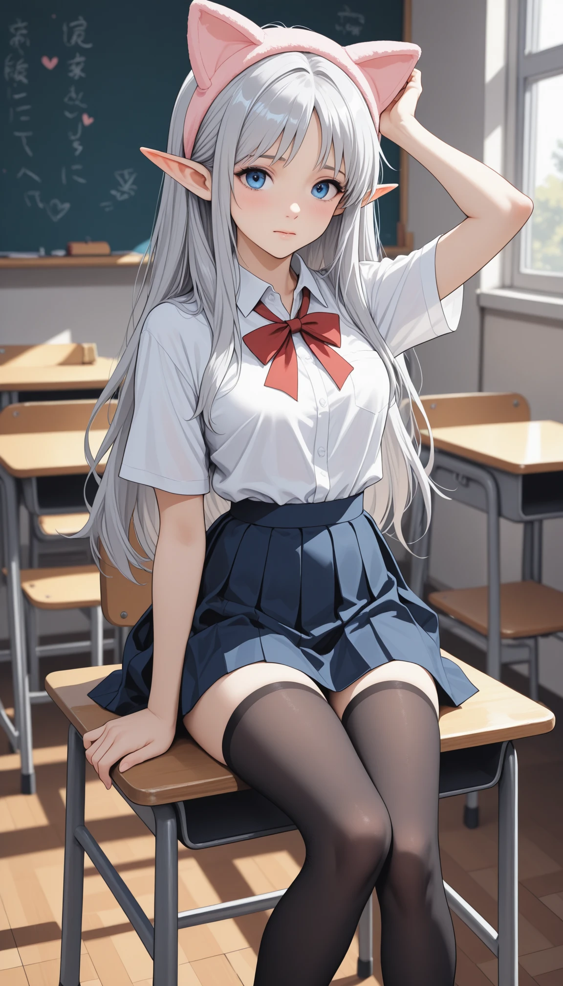 Female Student in a schooluniform with super shiny pantyhose and shoes. She sits on the table. She has a deviant smile and dominant expression. She has white hair with shiny pink eyes. She knows everyone is into her.