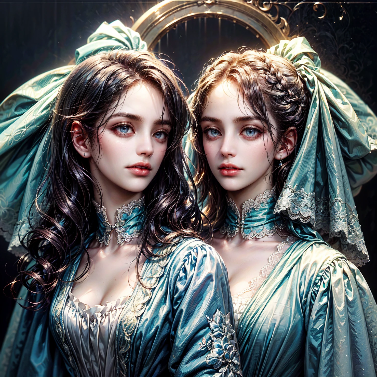 (absurd, high resolution, ultra detailed), (absurd, highres, ultra detailed), 2girl, two maids in love with each other, lesbians, lesbian couple, maids' clothes with ankle-length dresses, with long sleeves and high collars, black and white, the skirts used to be wide and frilly, while the blouses have lace details or ribbons. In addition, they wear white aprons over dresses and hats on their heads.