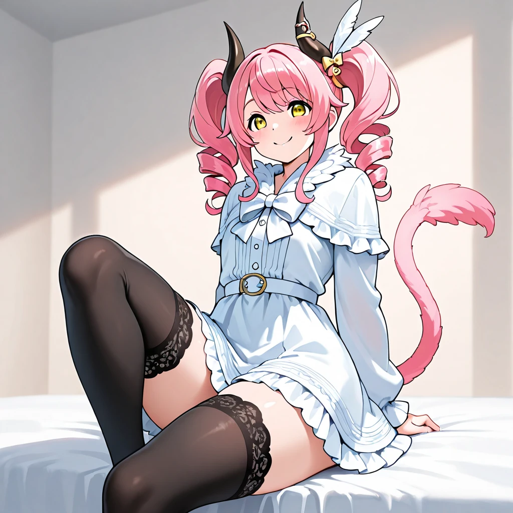 nothing, pink hair, PINK CAT Ears, eyes of the god niji, god of eyes, eyes with pink heart symbol, white and pale skin, fluffly, thick thighs, thick thighs, detailed artwork, pink shirt, flag on the arm of BI pride, white skirt, silk stockings, socks with bow, flower necklace on head, mic ,peito mic e fluffly, black collar with white bell