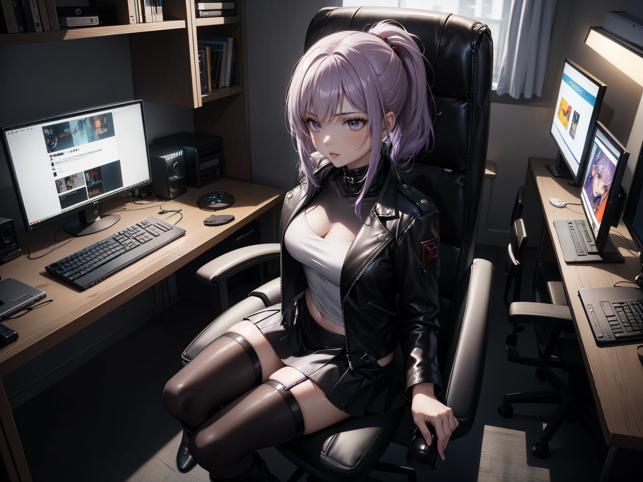 (Masterpiece, better quality, detailed), a chic, Alone, seen from above,  ((sitting in a gamer chair)), ojos detaileds, purple eyes shirt, Lavender hair short ponytail, Love, medium breasts, sensual lips, ((harness on the torso)), ((black leather jacket)), (black gloves, ((short school miniskirt)), ( brown stockings), (black boots), room with cyberpunk style gamer computer, (at night)