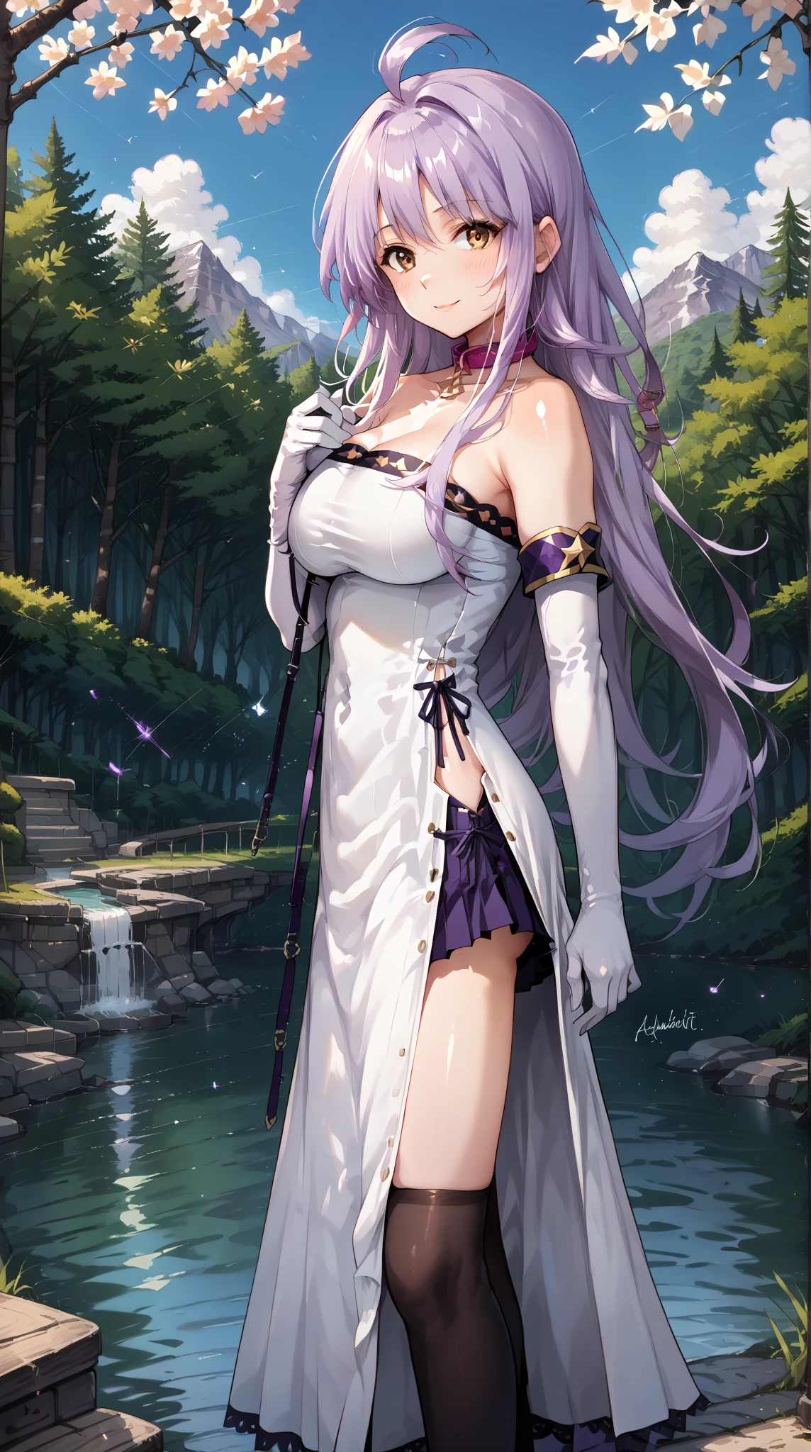 Super detailed, NSFW, masterpiece, High resolution, Photorealistic digital art, perfect lighting, (((1 girl, perfect anatomy))), accurate right hand, accurate left hand, five fingers, perfect style, Fern, big purple eyes, glossy lips, purple hair, shiny skin, smile, Pure white long dress, Pure white long sleeve blouse, pure white long skirt, Fantasy art,