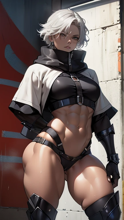 broken building, hijab, woman soldier, headband, eye patch, tan skin