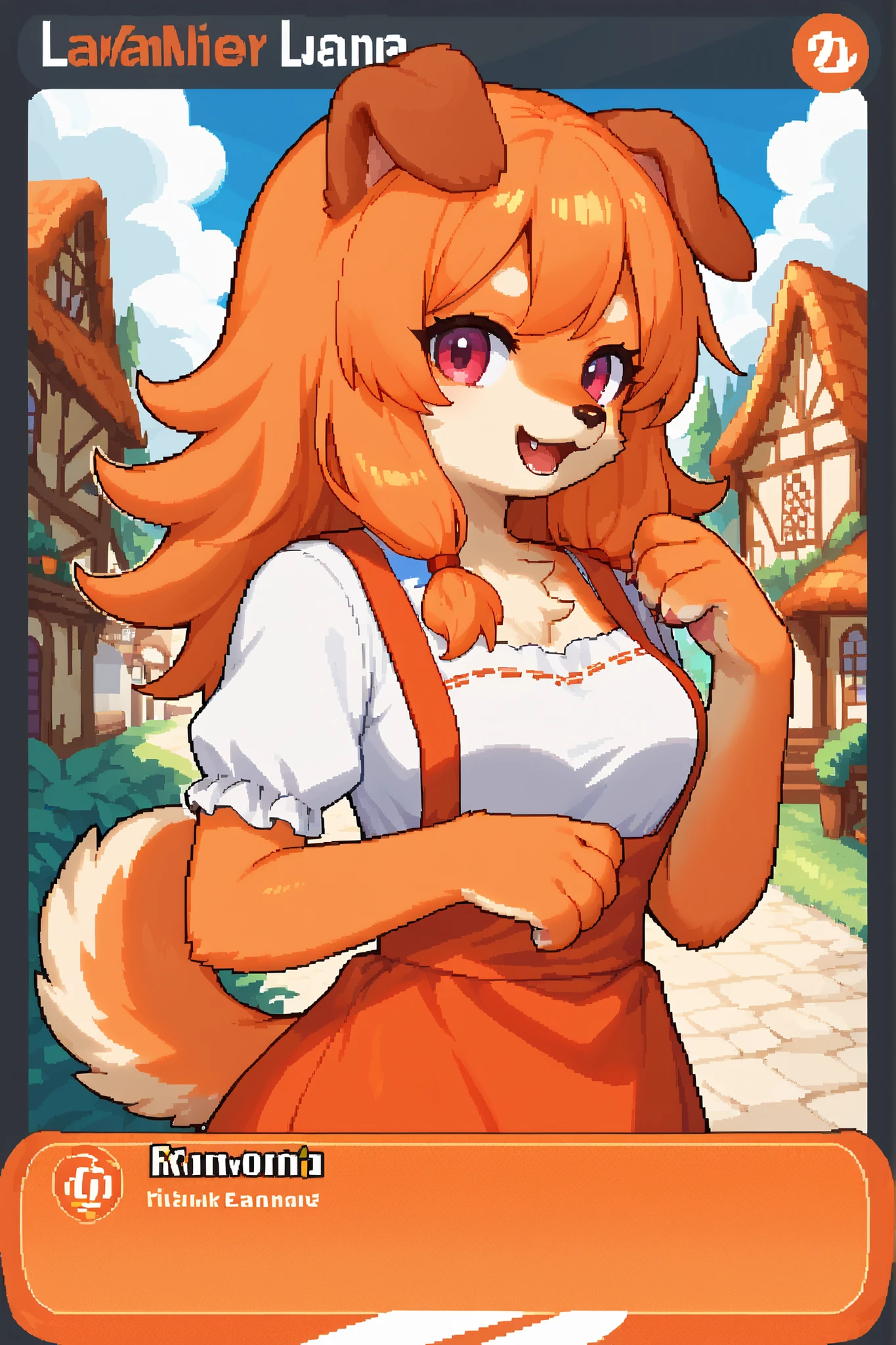 score_9, score_8_up, score_7_up, source_anime, 1girl, solo, pixel art, tr4dingcard, card (medium), english_test, common_rarity_icon, N, trading_card, white_trade_card_frames, furry dog girl BREAK
Dog ears and tail, (furry, kemono), orange hair BREAK bangs, pink eyes BREAK long hair, (orange fur skin), medium breasts BREAK
Renaissance clothes, bodice, dirndl, orange pinafore dress BREAK
Looking at viewer, smile, open mouth, upper body, portrait, outdoors, (village town), cloudy sky