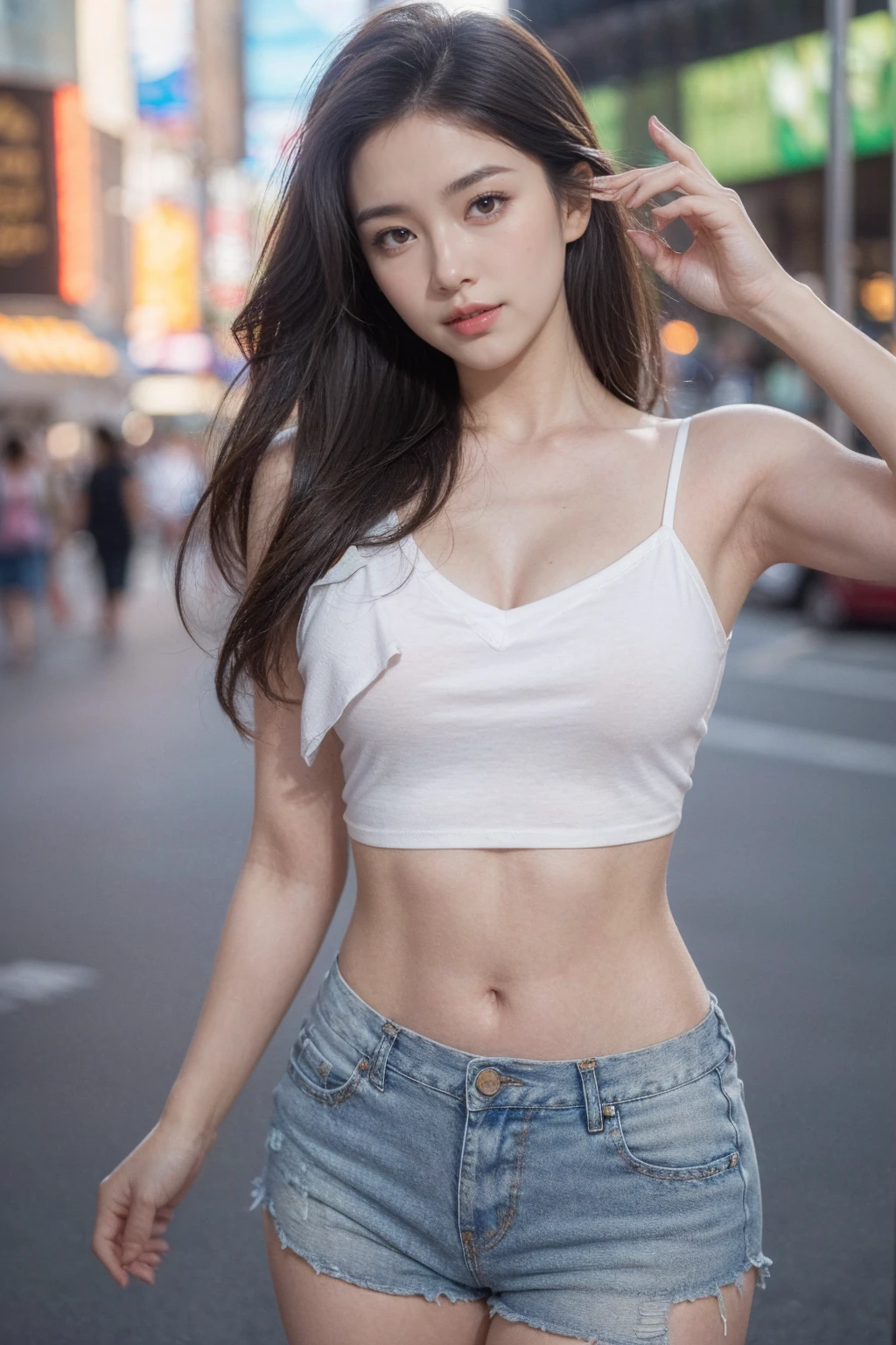 1girl, realistic, solo, (8k, best quality, masterpiece:1.2), best quality, 20years old, pretty women, cute, high detail RAW color photo, professional photograph, highly detailed background, cute girl, shiny skin, slender body, dark blown hair, smile, beautifully detailed eyes, famous Japanese idol, kawaii, necklace, earrings, full body, neon city, night city, neon sign, dynamic lighting, beautiful legs, looking at viewer, Raking up hair, skiny pants, shirts, model pose,